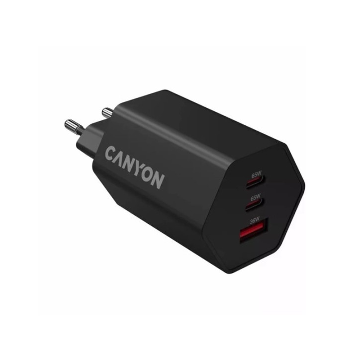Canyon punjač HEXAGON 65W GaN 2x USB-C + 1x USB-A PD/QC crni CND-CHAHEX65B