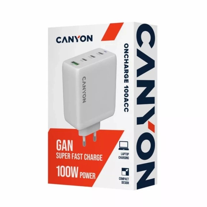 Canyon punjač CU100ACC GaN 100W 3x USB-C + 1x USB-A PD/QC bijeli CNS-CUW100ACC