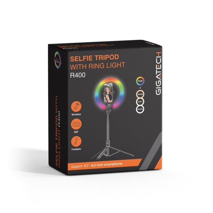 Gigatech Selfie stalak s ring svjetlom R400, RGB + 3 bijele, 31–190cm, crni (TikTok)
