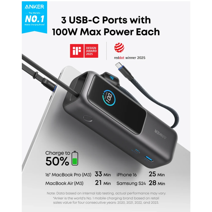 Anker Power Bank (25K, 165W, Built-In USB-C and Retractable Cable) Black