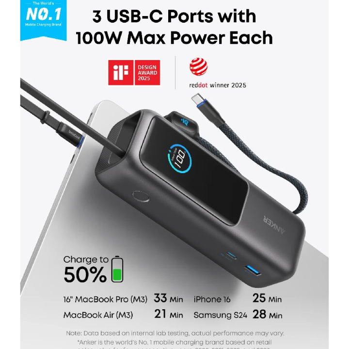 Anker Power Bank (25K, 165W, Built-In USB-C and Retractable Cable) Silver