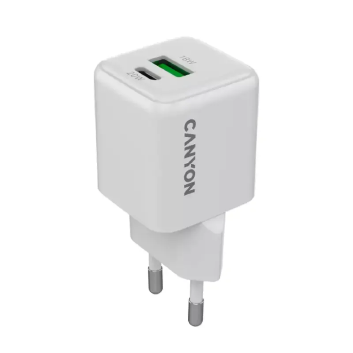 Canyon punjač CU20AC, 20W GaN, bijeli, 1x USB-C PD, 1x USB-A QC