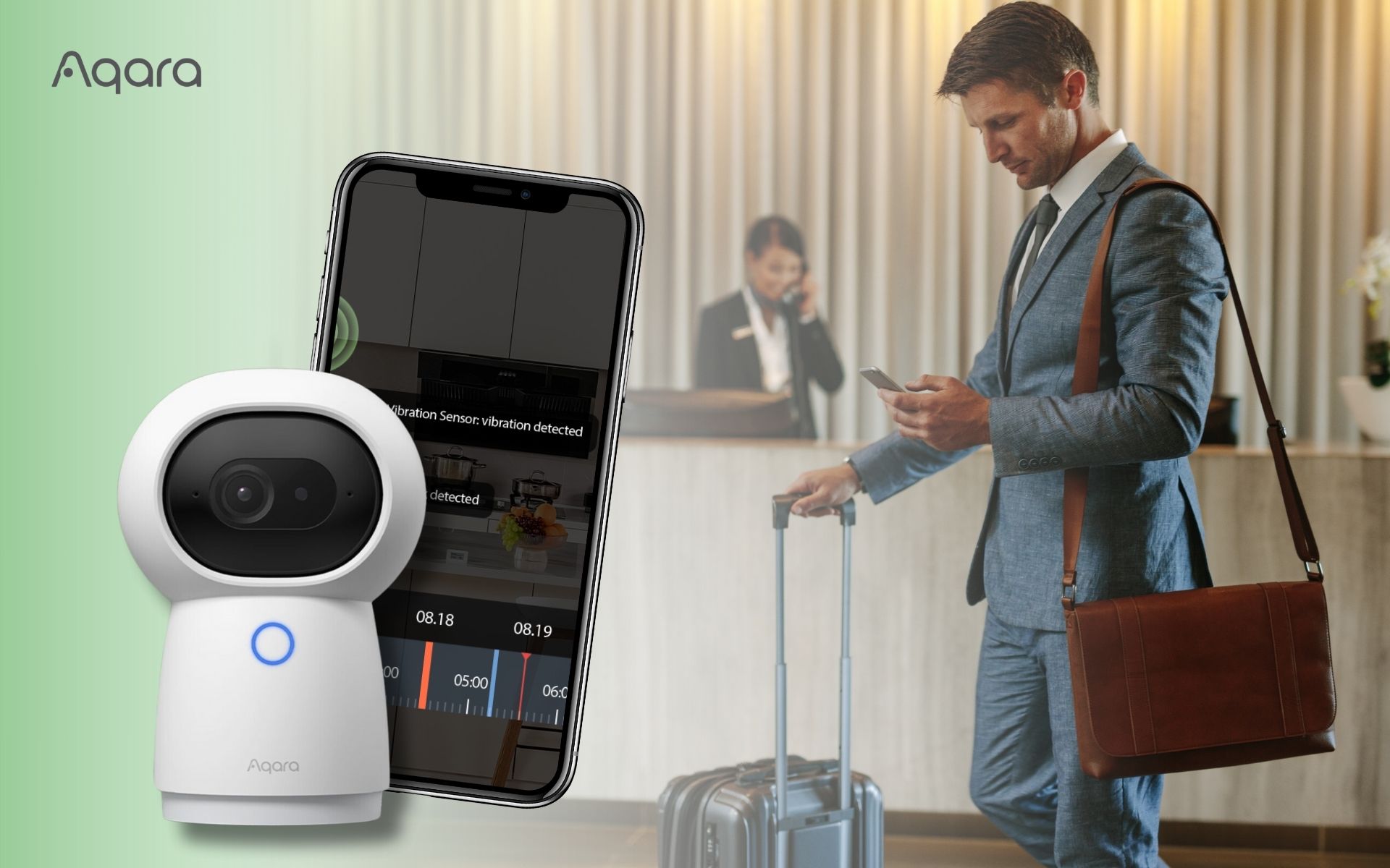 Biznismen koristi smart home uređaje i prati putem svog pametnog telefona kretanje u svom domaćinstvu dok ide na putovanje.