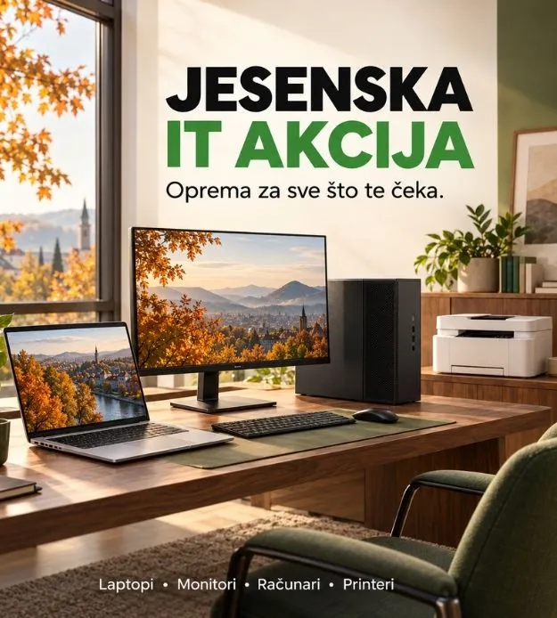 Moderno opremljeno kancelarijsko radno mjesto sa laptopom, računarom, printerom iz IMTEC  ponude.