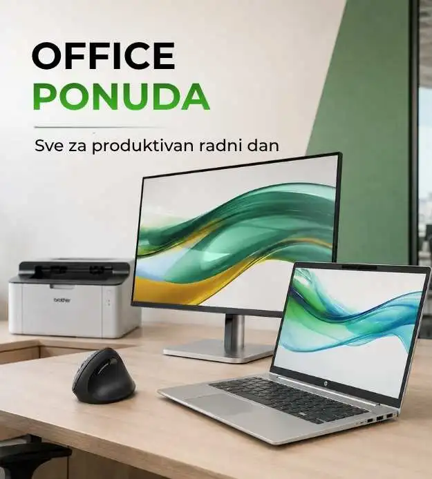 Moderno opremljeno kancelarijsko radno mjesto sa laptopom, računarom, printerom i ergonomskom opremom iz IMTEC Office ponude.