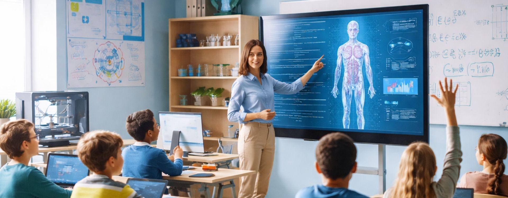 nastavnica stoji ispred table u razredu i objašnjava lekciju koristeći interaktivni ekran
